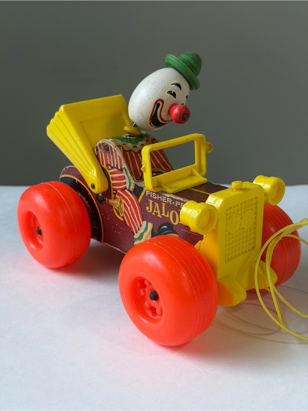 Vintage 1965 Fisher-Price Jolly Jalopy Bobble Clown Wooden Pull-Along Toy #724